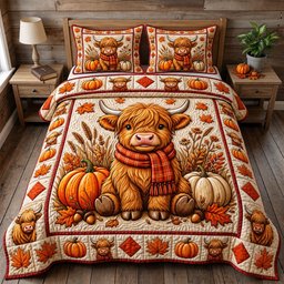 Fall Highland Cow 3 Piece Quilted Bedding Set Gift For Cow Lovers