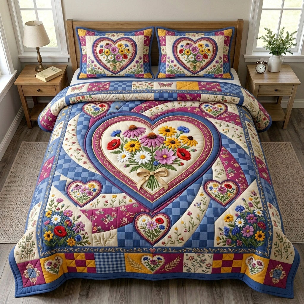 Floral Patchwork 3 Piece Quilted Bedding Set Gift For Flower Lovers