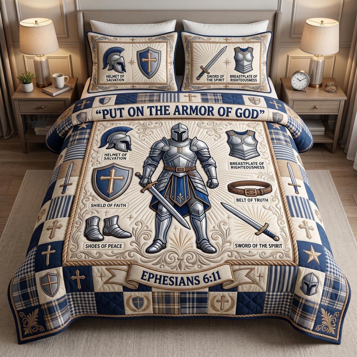 Armor of God Christian 3 Piece Quilted Bedding Set Gift For Christians