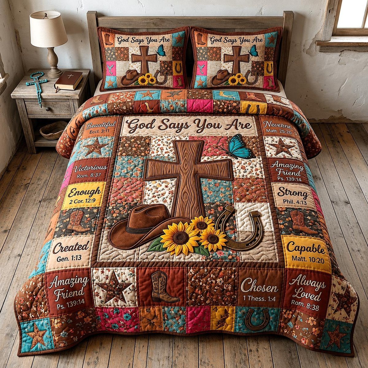 Western Grace Christian 3 Piece Quilted Bedding Set Gift For Western Lovers