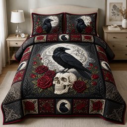 Skull Raven Moon 3 Piece Quilted Bedding Set Gift For Gothic Decor Lovers