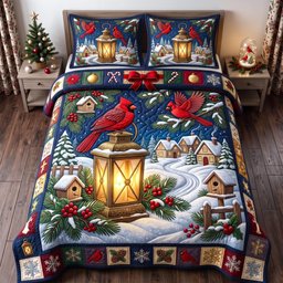 Lantern Cardinal 3 Piece Quilted Bedding Set Christmas Gift For Holiday Decor Lovers