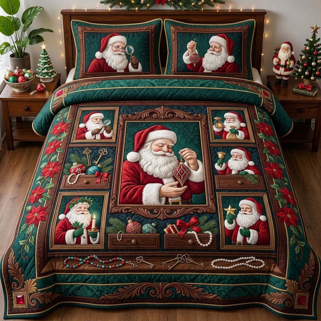 Santa Curio Collection 3 Piece Quilted Bedding Set Christmas Gift For Holiday Decor Lovers