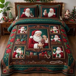 Santa Curio Collection 3 Piece Quilted Bedding Set Christmas Gift For Holiday Decor Lovers