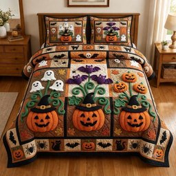 Pumpkin Garden 3 Piece Quilted Bedding Set Halloween Gift For Flower Lovers