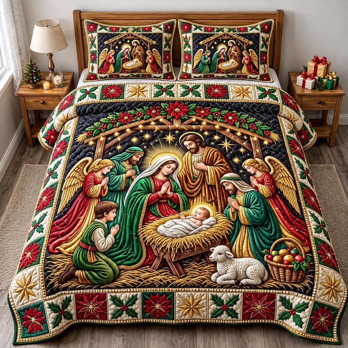 Nativity Scene Christian 3 Piece Quilted Bedding Set Gift For Christians