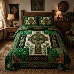 Celtic Cross Shamrock 3 Piece Quilted Bedding Set Gift For Christians