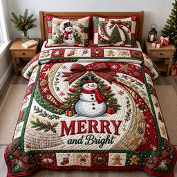 Merry and Bright 3 Piece Quilted Bedding Set Gift For Holiday Decor Lovers