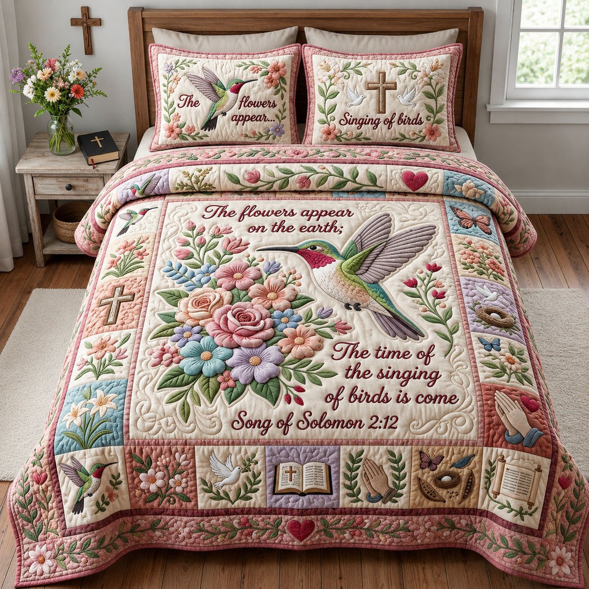 Hummingbird Floral Christian 3 Piece Quilted Bedding Set Gift For Bird Lovers