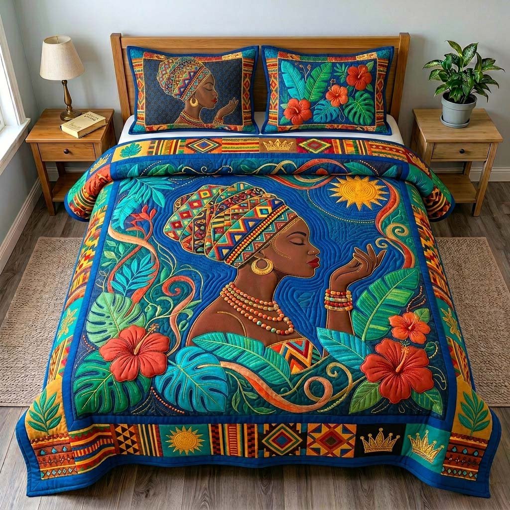 Tropical Afro Bloom 3 Piece Quilted Bedding Set Gift For African American Heritage Lovers