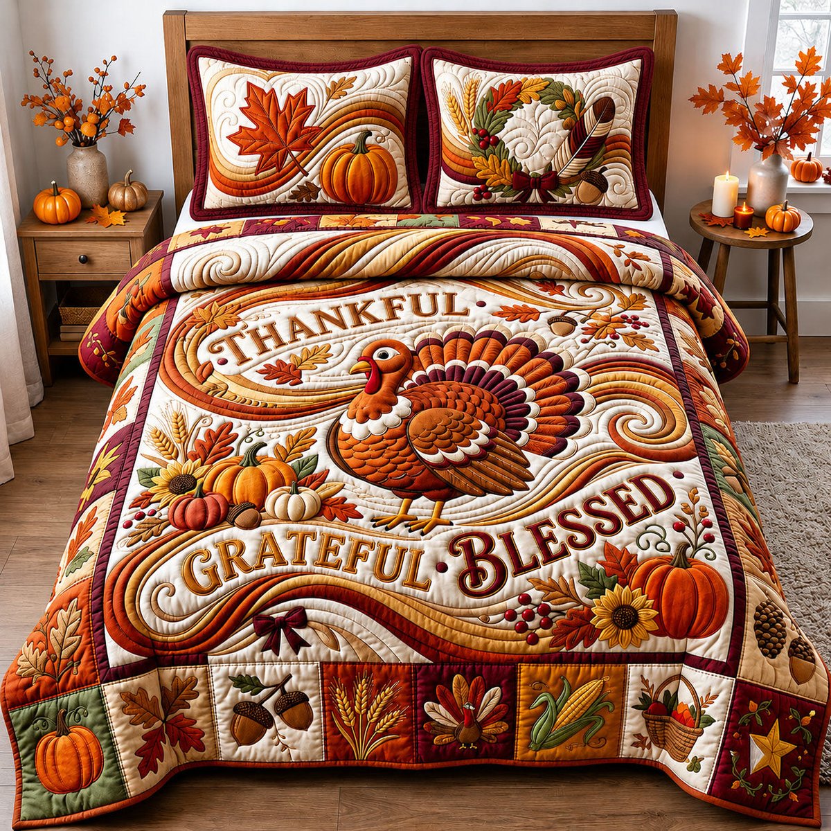 Thankful Grateful Blessed 3 Piece Quilted Bedding Set Gift For Farmhouse Decor Lovers