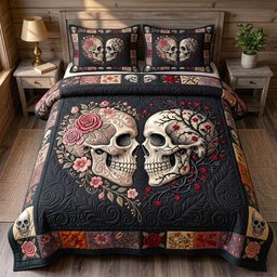 Haunted Skeleton 3 Piece Quilted Bedding Set Halloween Gift For Gothic Decor Lovers