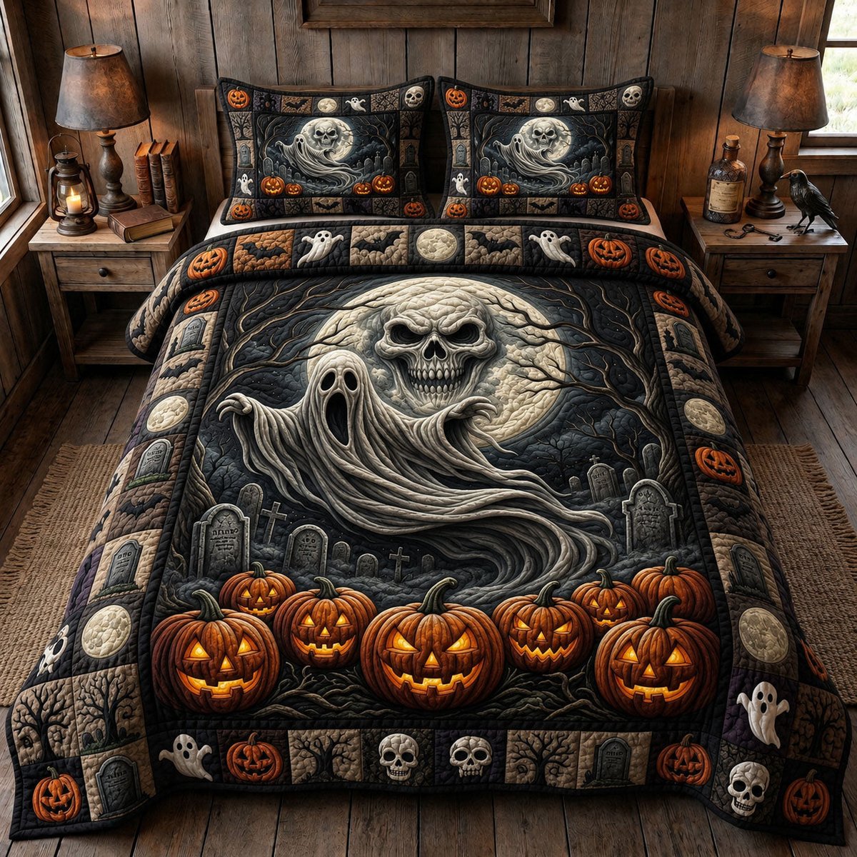 Haunted 3 Piece Quilted Bedding Set Halloween Gift For Gothic Decor Lovers