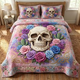 Floral Skull 3 Piece Quilted Bedding Set Gift For Flower Lovers