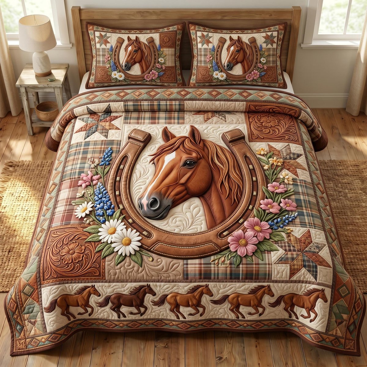 Farmhouse Horse 3 Piece Quilted Bedding Set Gift For Horse Lovers