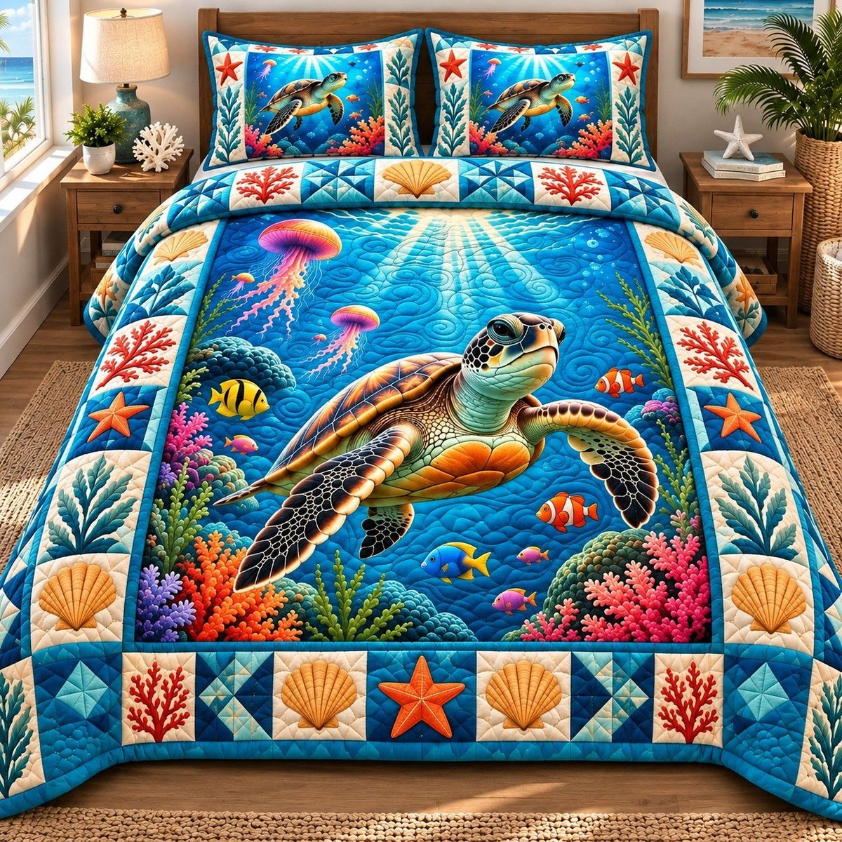 Sea Turtle Journey Beach 3 Piece Quilted Bedding Set Gift For Turtle Lovers