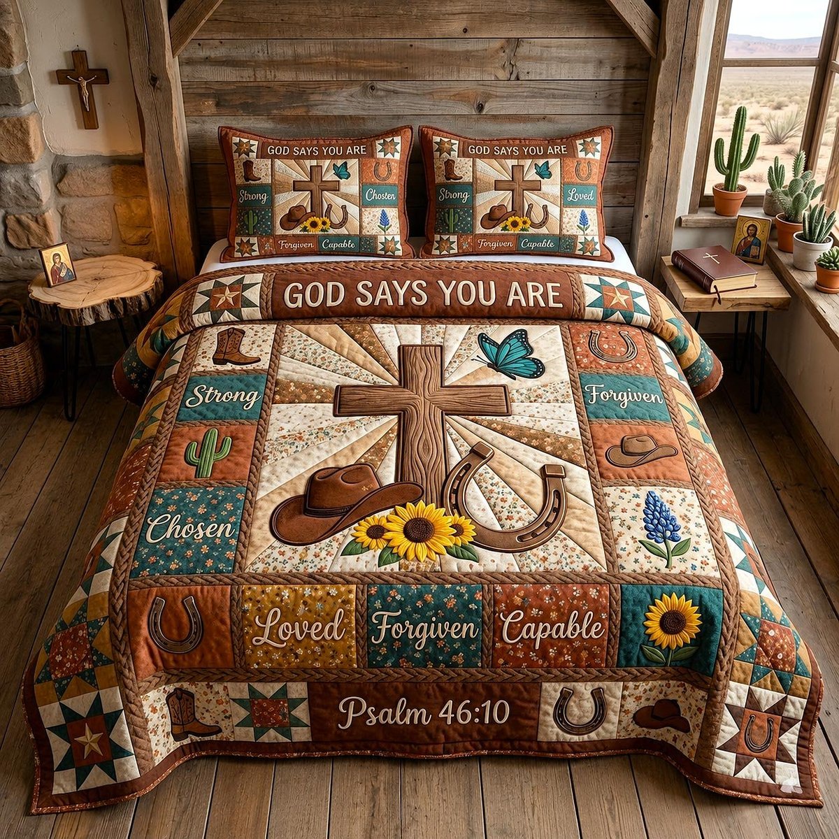 Western Grace Christian 3 Piece Quilted Bedding Set Gift For Western Lovers