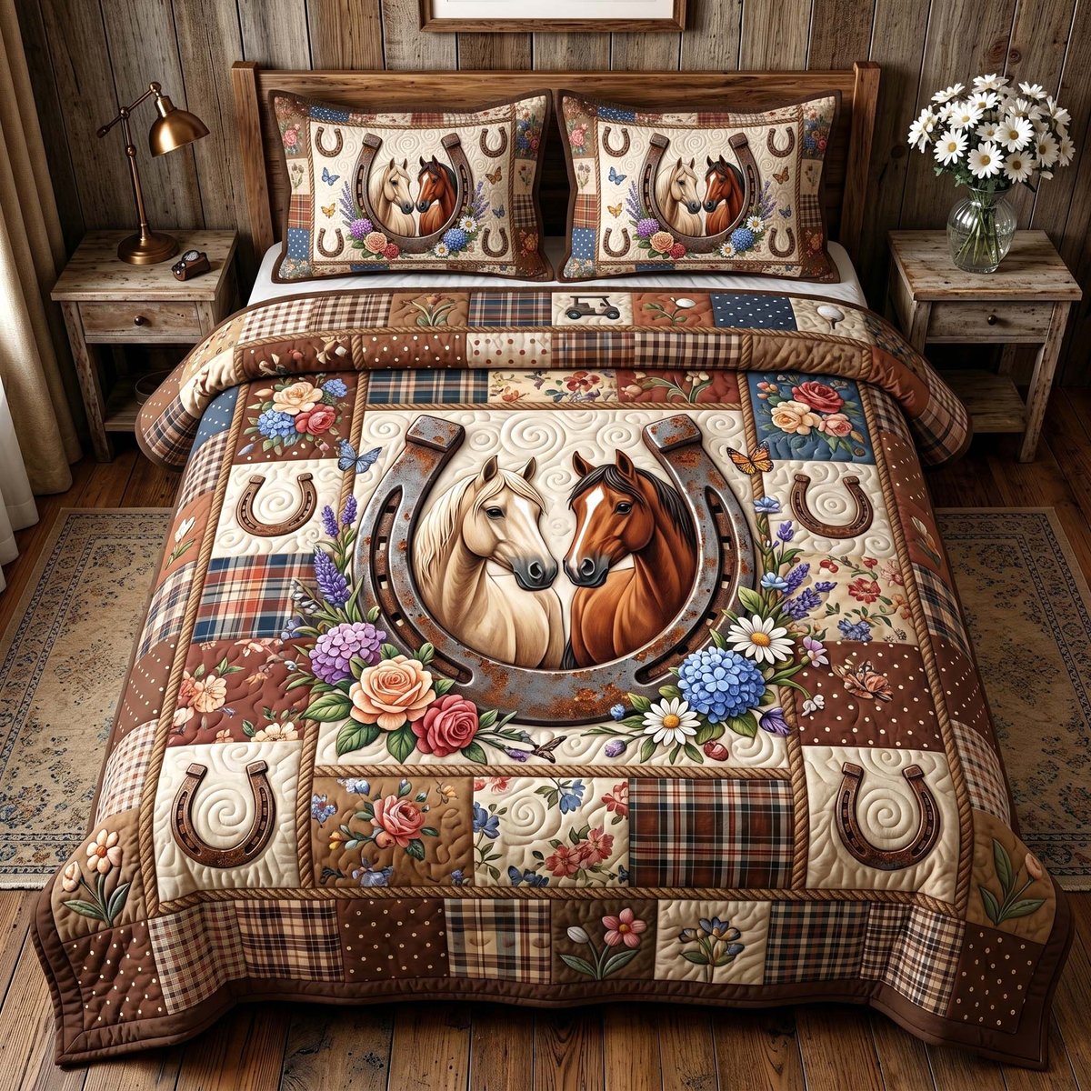 Floral Mustang 3 Piece Quilted Bedding Set Gift For Horse Lovers