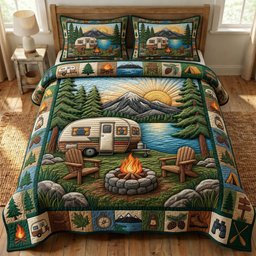 Camping Life 3 Piece Quilted Bedding Set Gift For Campers