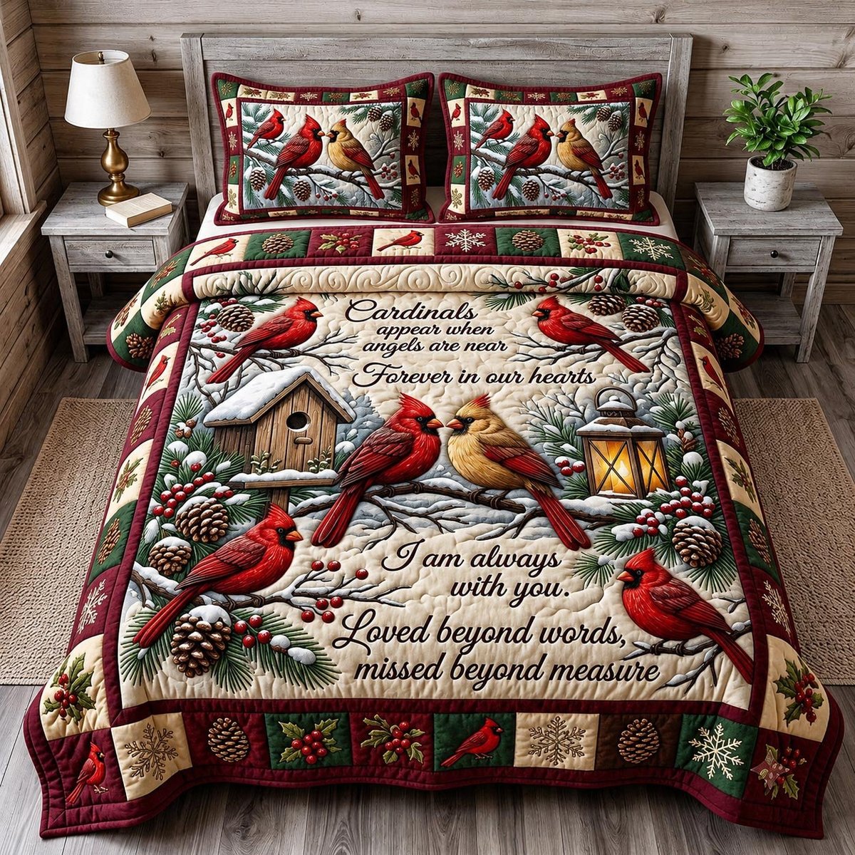 Red Cardinal 3 Piece Quilted Bedding Set Gift For Bird Lovers