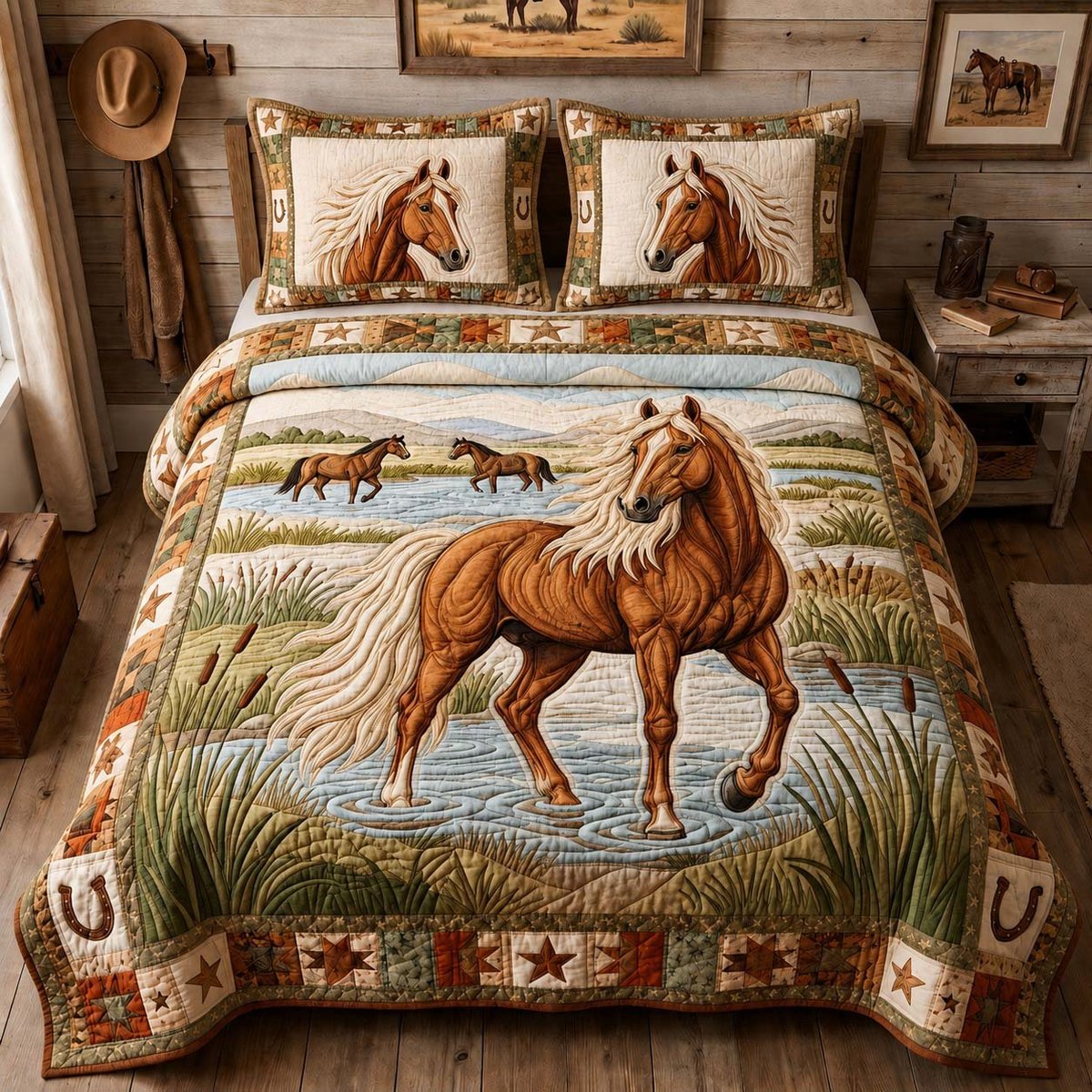 River Valley Horse 3 Piece Quilted Bedding Set Gift For Horse Lovers