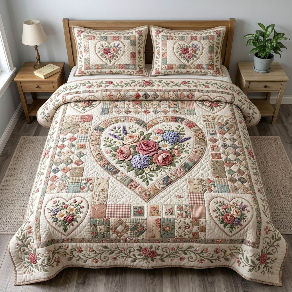Floral Patchwork 3 Piece Quilted Bedding Set Gift For Flower Lovers