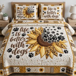Life Is Better with Dogs 3 Piece Quilted Bedding Set Gift For Dog Lovers