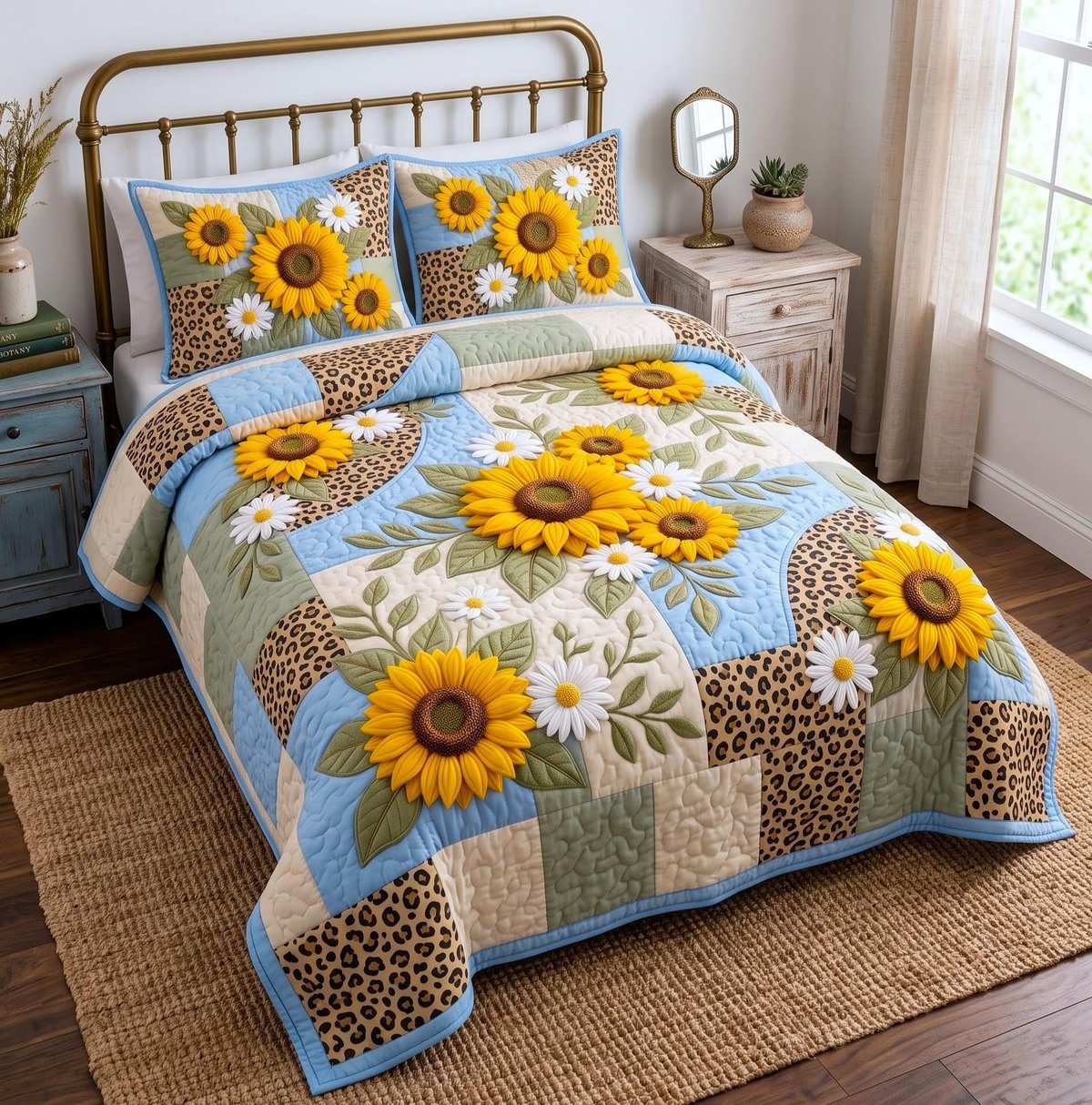 Sunflower Meadow 3 Piece Quilted Bedding Set Gift For Flower Lovers