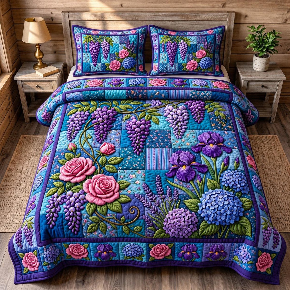 Flower Garden 3 Piece Quilted Bedding Set Gift For Flower Lovers