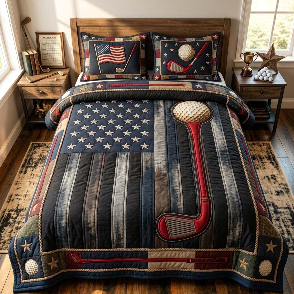 Vintage Golf Flag Dad 3 Piece Quilted Bedding Set Gift For Sports Fans