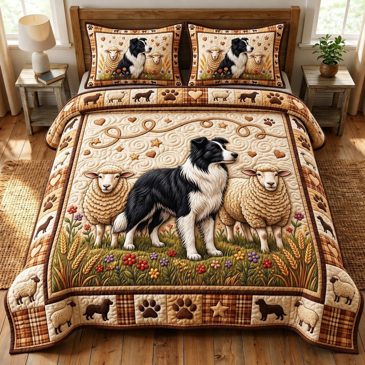 Border Collie 3 Piece Quilted Bedding Set Gift For Dog Lovers