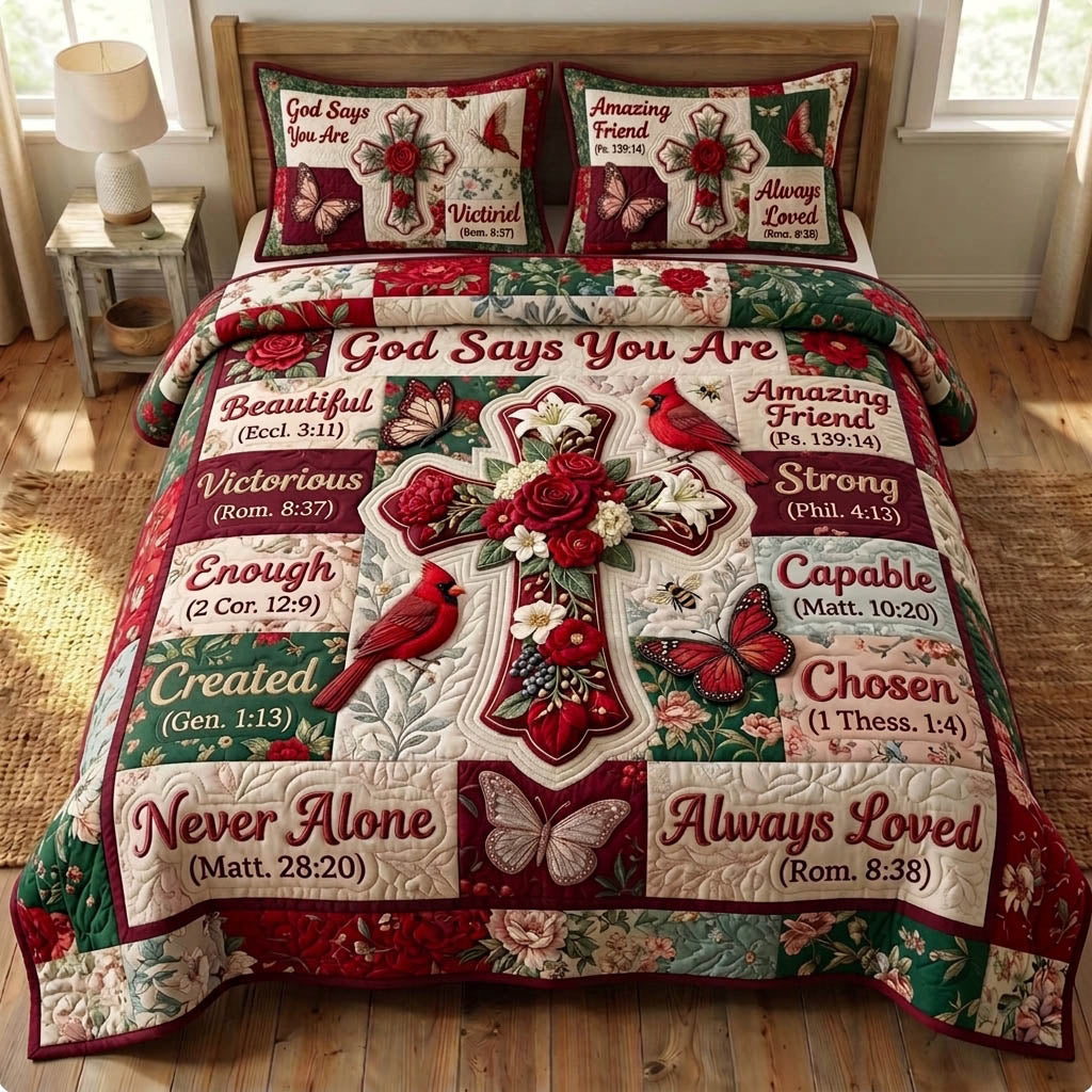 Cardinal Christian 3 Piece Quilted Bedding Set Gift For Bird Lovers