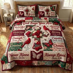 Cardinal Christian 3 Piece Quilted Bedding Set Gift For Bird Lovers