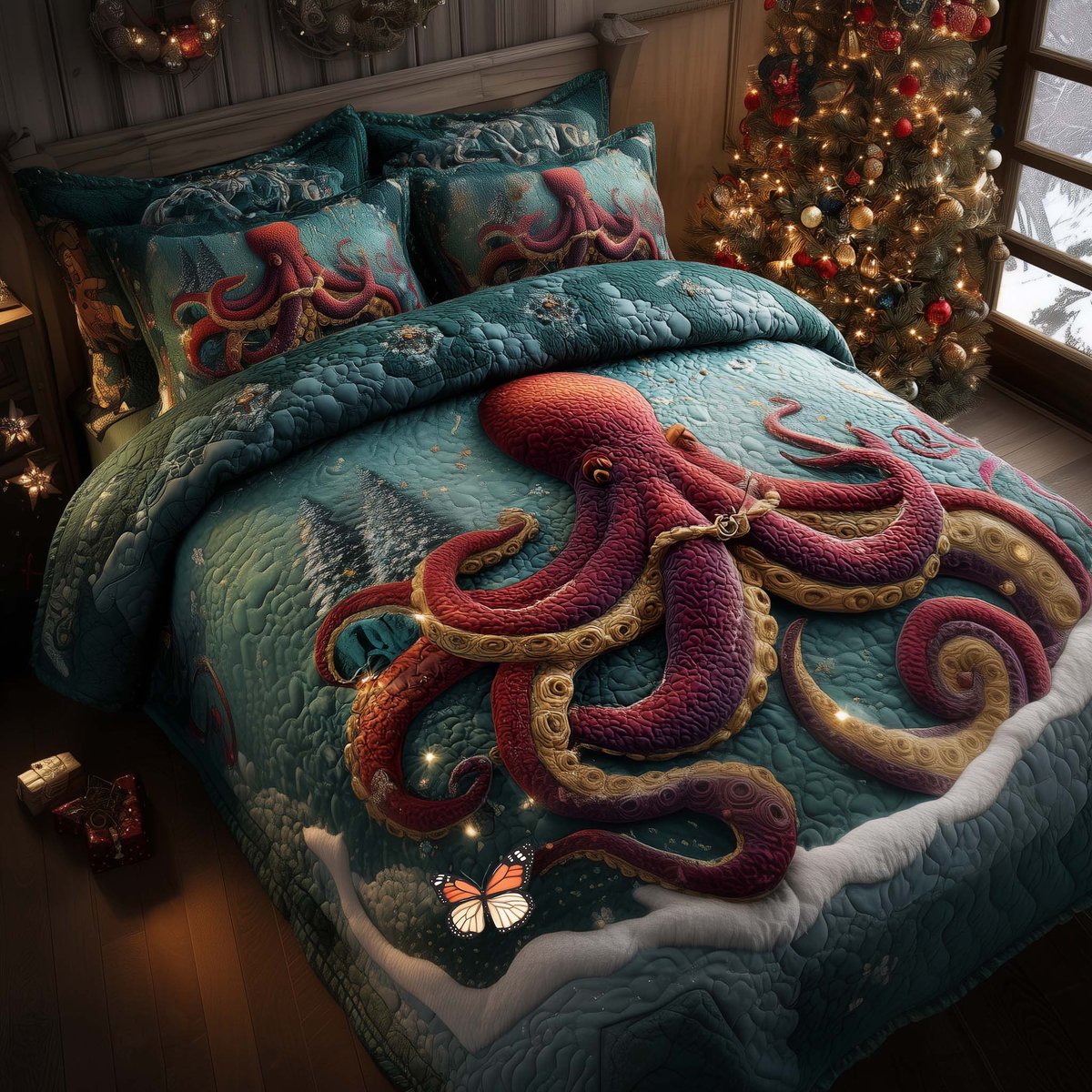 Festive Octopus Beach 3 Piece Quilted Bedding Set Christmas Gift For Beach Lovers