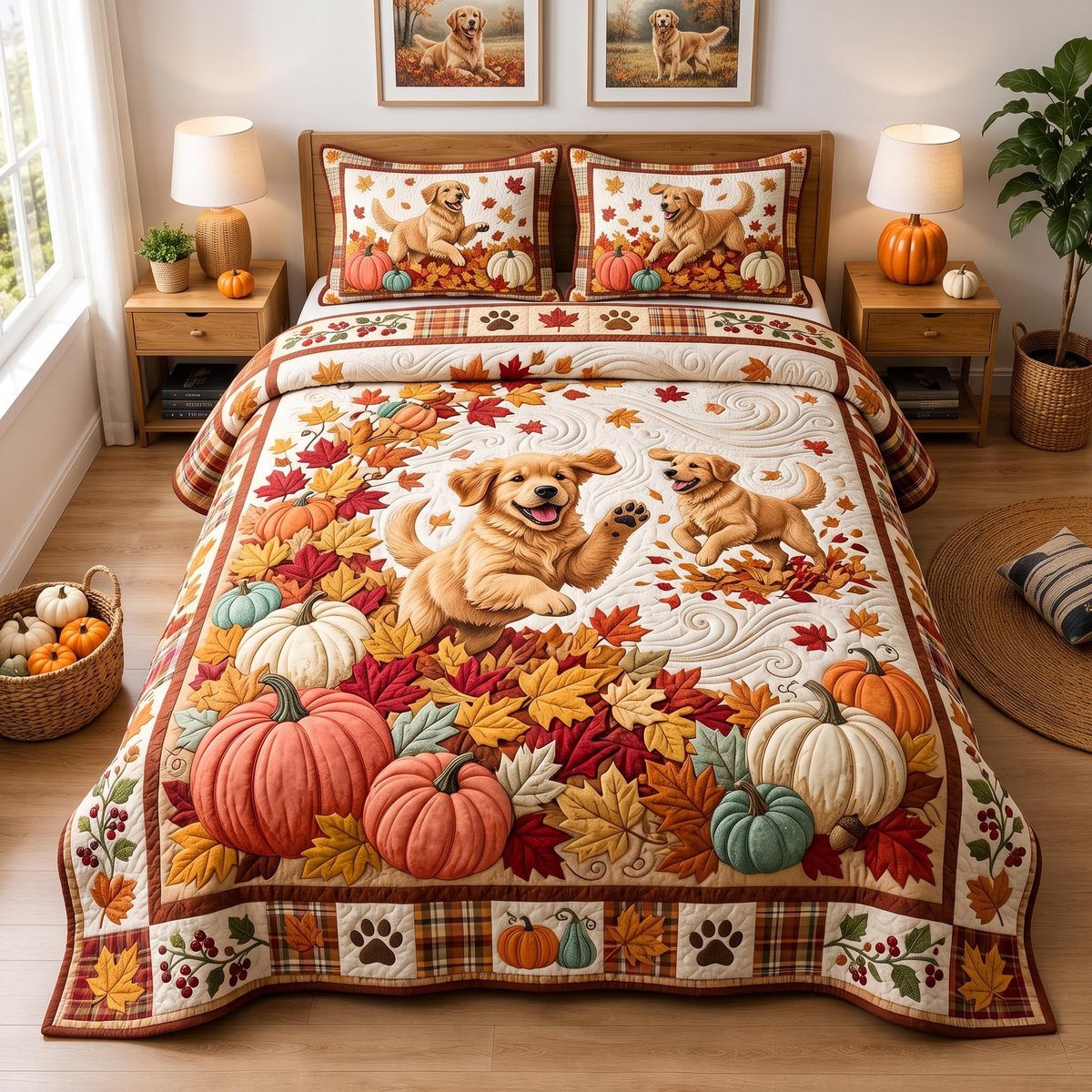Pumpkin Golden Golden Retriever 3 Piece Quilted Bedding Set Gift For Dog Lovers