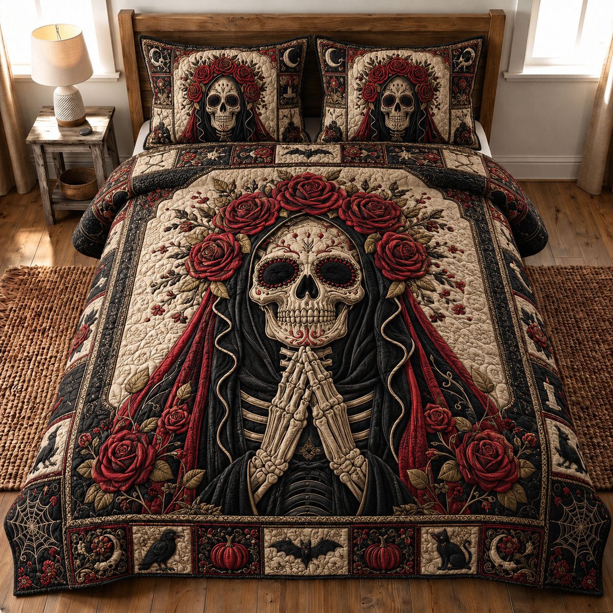 Prayerful Skeleton Rose Crown 3 Piece Quilted Bedding Set Gift For Flower Lovers