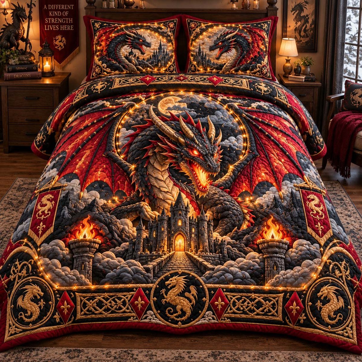 Dragon Castle Inferno 3 Piece Quilted Bedding Set Gift For Fantasy Lovers