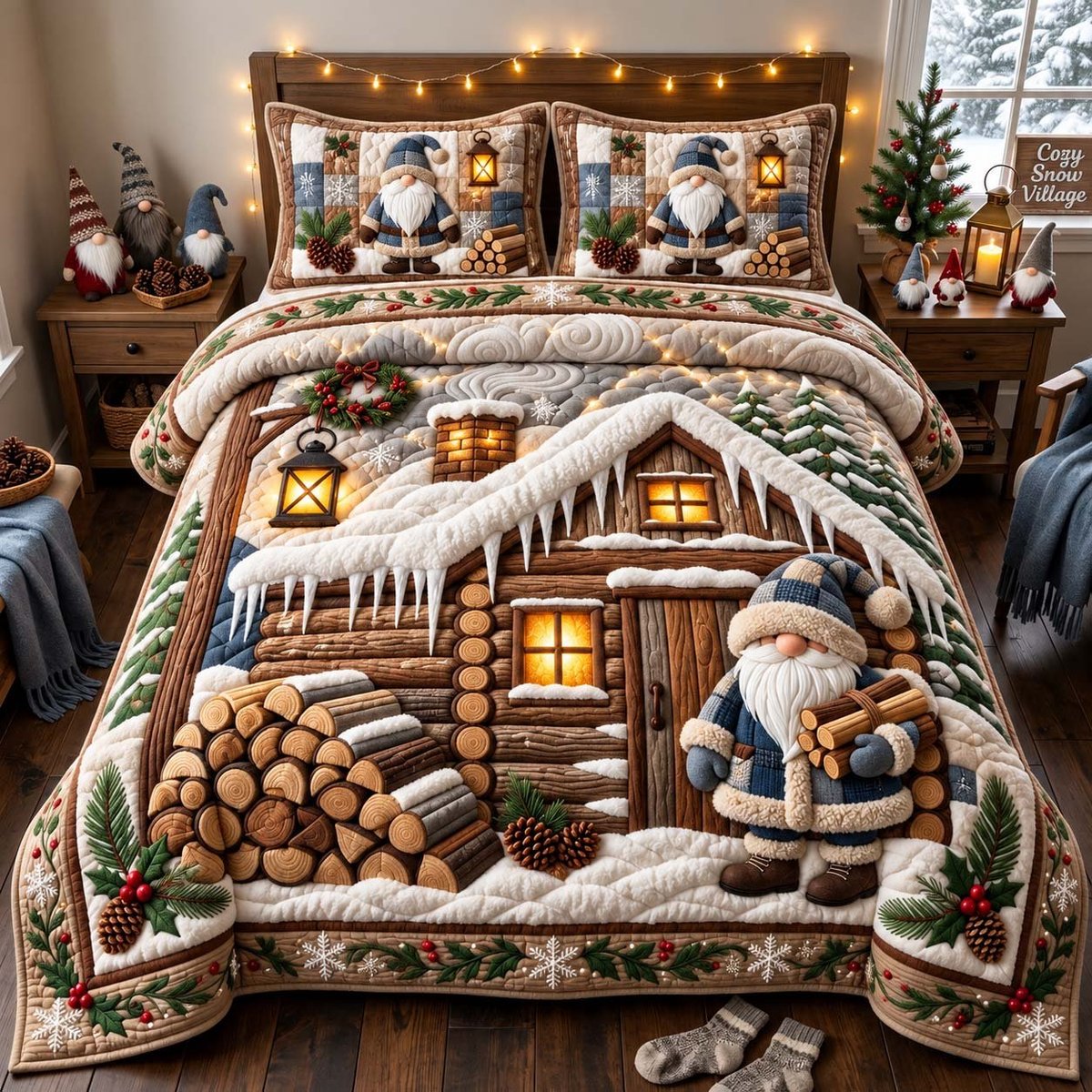 Cozy Cabin Gnome 3 Piece Quilted Bedding Set Gift For Holiday Decor Lovers