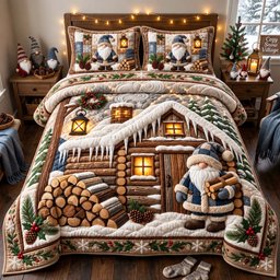 Cozy Cabin Gnome 3 Piece Quilted Bedding Set Gift For Holiday Decor Lovers