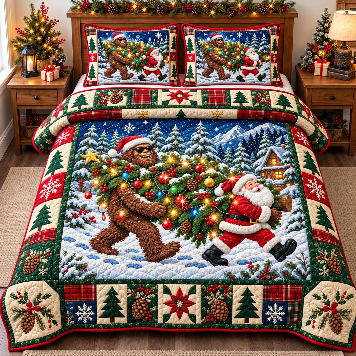 Bigfoot Santa Claus 3 Piece Quilted Bedding Set Christmas Gift For Holiday Decor Lovers