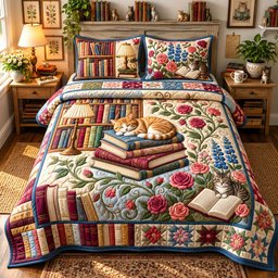 Floral Book Cat 3 Piece Quilted Bedding Set Gift For Cat Lovers