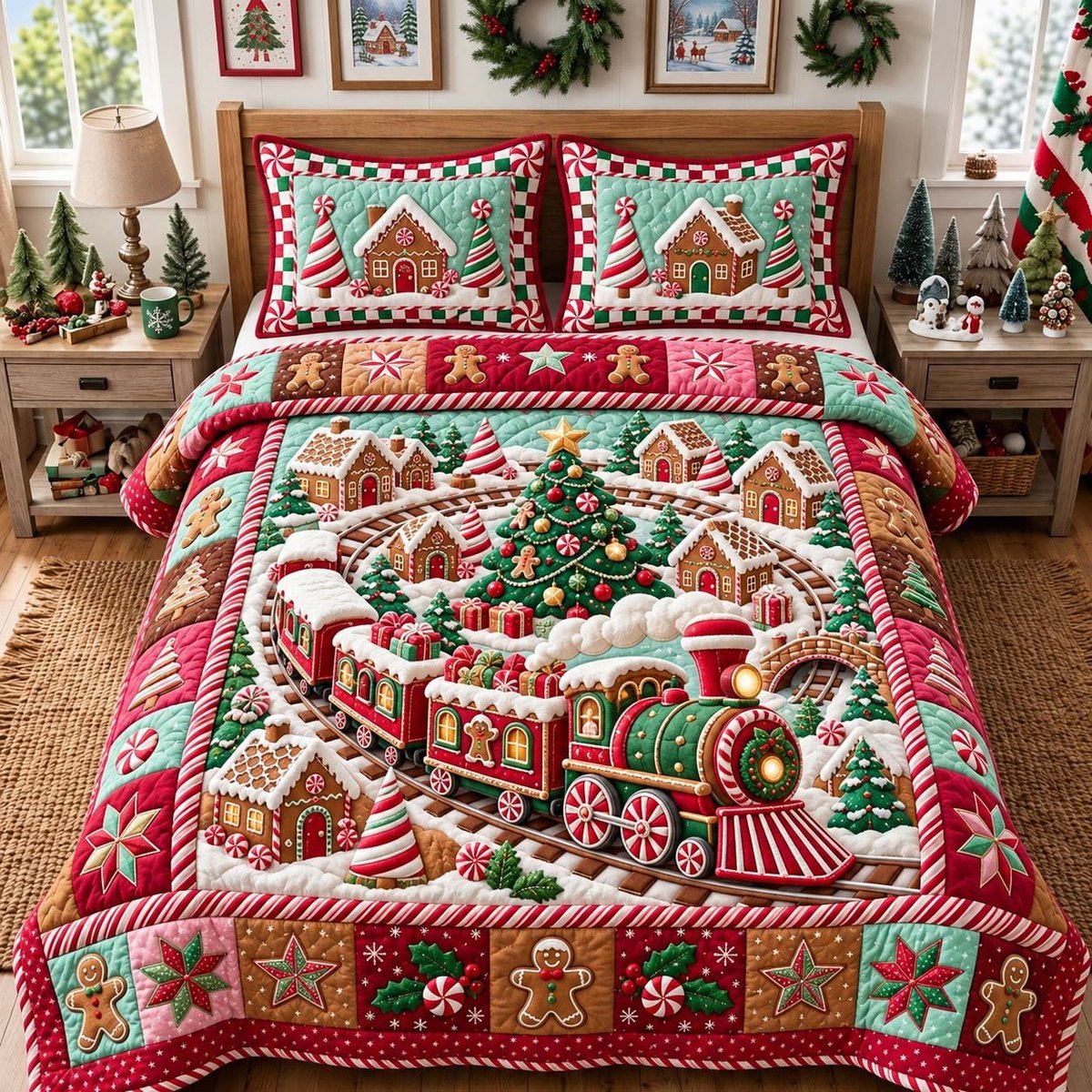 Gingerbread Train 3 Piece Quilted Bedding Set Christmas Gift For Holiday Decor Lovers