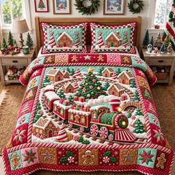 Gingerbread Train 3 Piece Quilted Bedding Set Christmas Gift For Holiday Decor Lovers