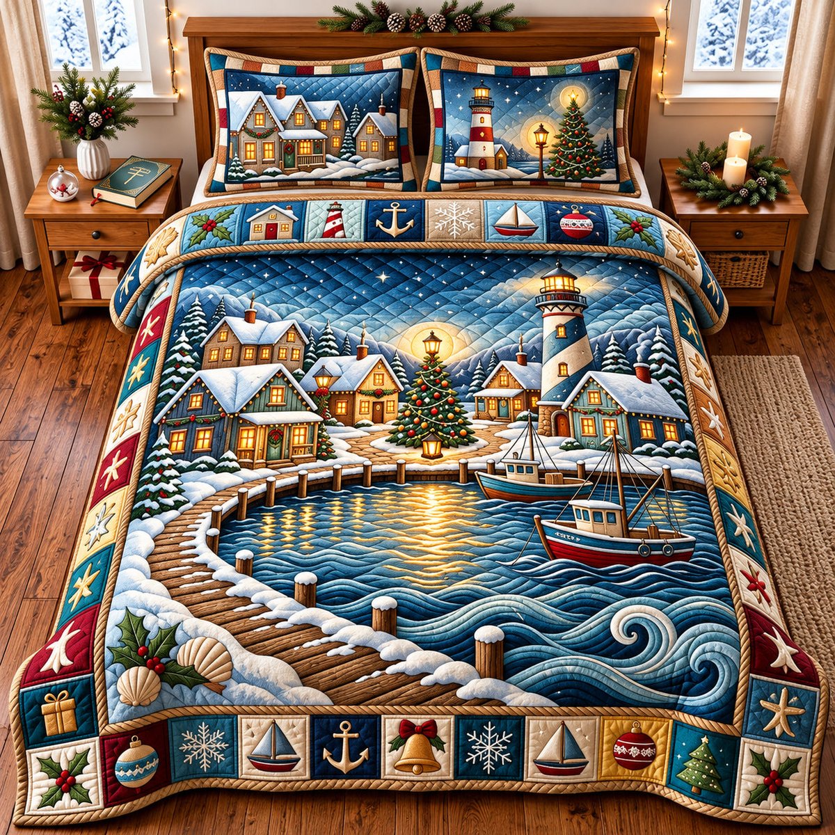 Harbor Nautical 3 Piece Quilted Bedding Set Christmas Gift For Holiday Decor Lovers
