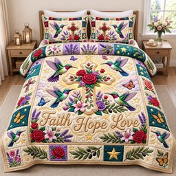Christian Hummingbird 3 Piece Quilted Bedding Set Gift For Bird Lovers