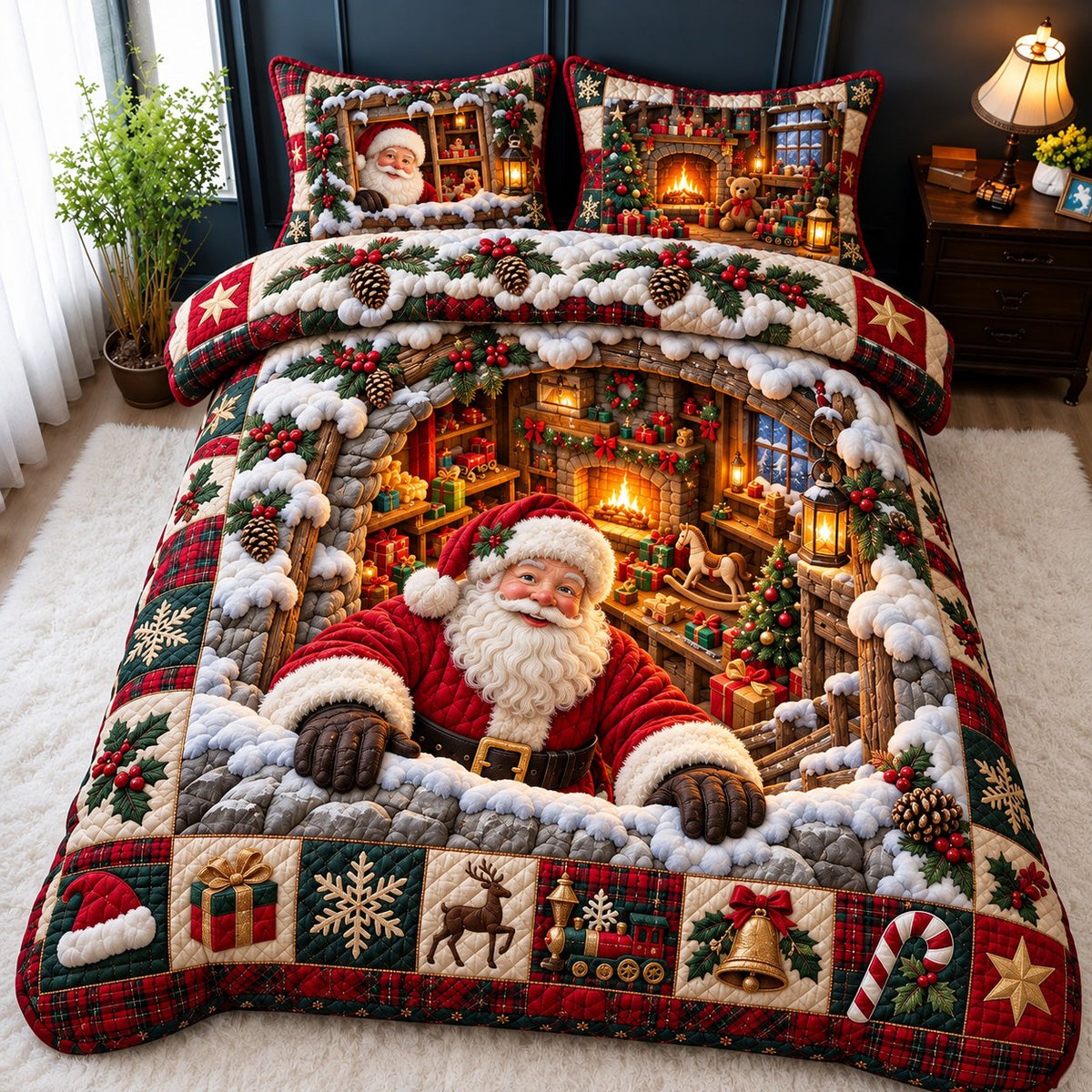 Santa Fireplace 3 Piece Quilted Bedding Set Christmas Gift For Holiday Decor Lovers