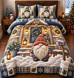 Rustic Winter Gnome 3 Piece Quilted Bedding Set Gift For Holiday Decor Lovers