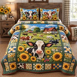 Sunflower Farm Cow 3 Piece Quilted Bedding Set Gift For Cow Lovers