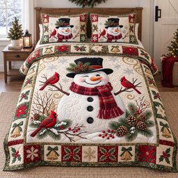 Cardinal Snowman 3 Piece Quilted Bedding Set Gift For Bird Lovers