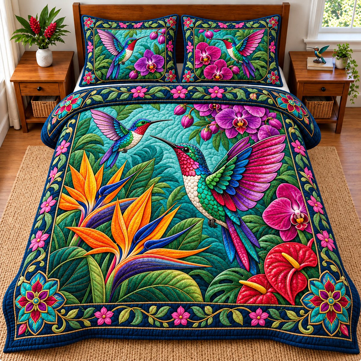 Hummingbird Enchanted Meadow 3 Piece Quilted Bedding Set Gift For Bird Lovers